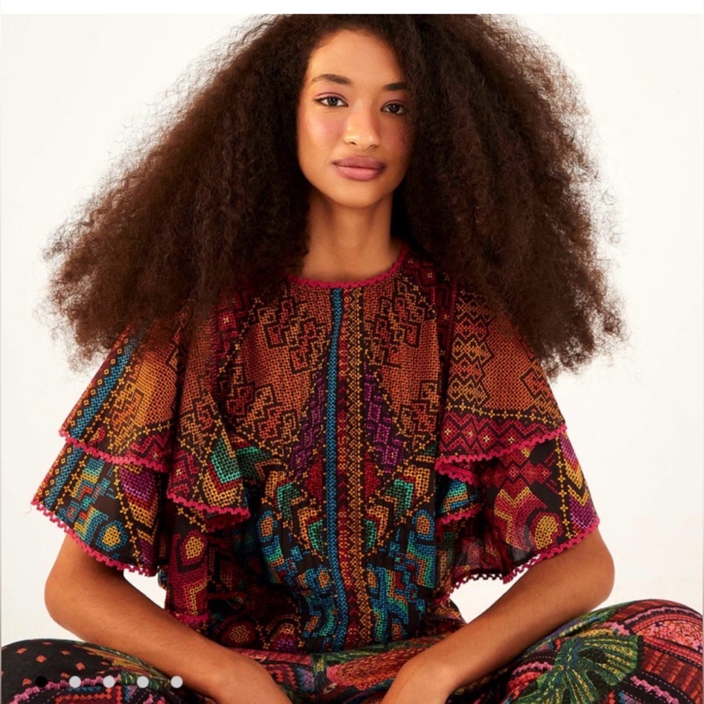 Farm Rio Multicolor Embroidered Ruffle-Sleeve Blouse - Red, Orange, Blue, Purple
